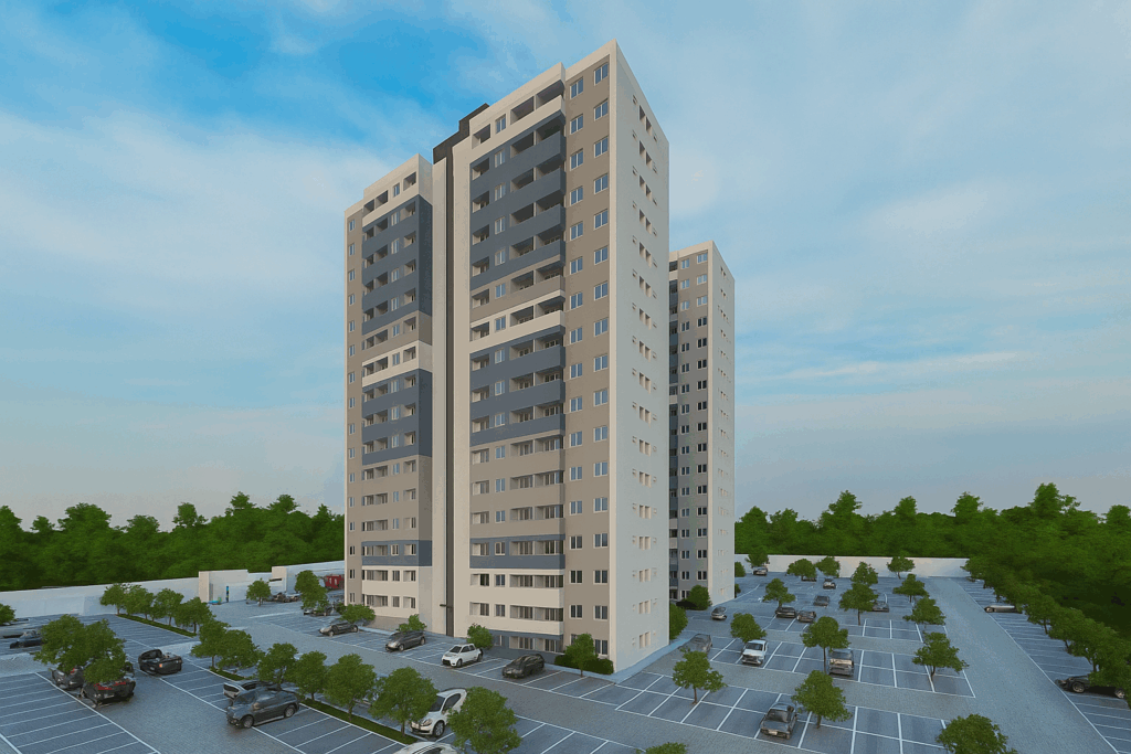 Perspectiva ilustrada das torres do Grand Paladium, ao lado do Shopping Pátio, em Maceió, com estacionamento arborizado à frente