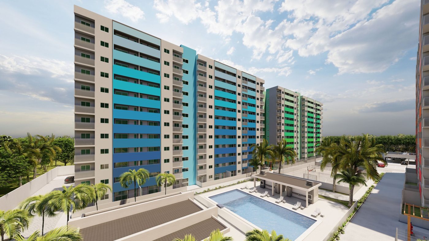 Perspectiva ilustrada das torres do Reserva do Prata, na Cidade Universitária, em Maceió, com piscina e coqueiros