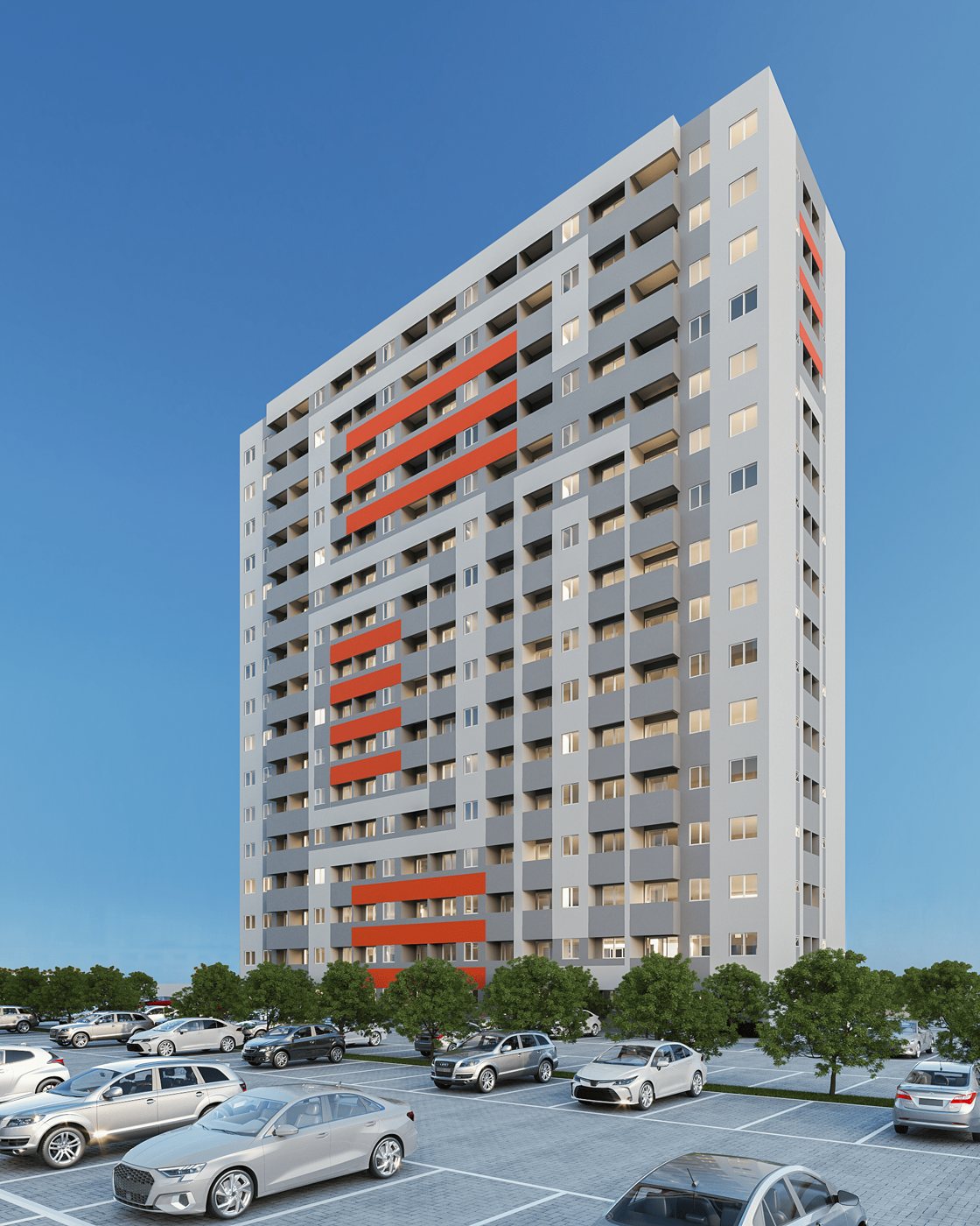 Perspectiva ilustrada da torre do Grand Palazzo, na Cidade Universitária, em Maceió, com detalhes em laranja na fachada